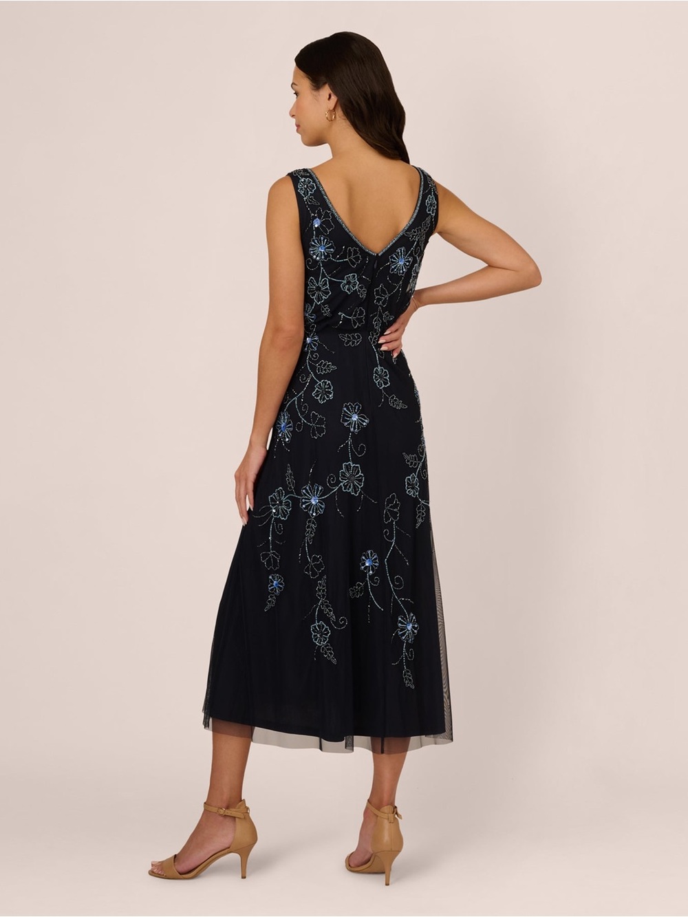 Adrianna Papell Midnight Blue Multi Beaded Floral Midi Dress NWT Size 14 Formal - Picture 5 of 15